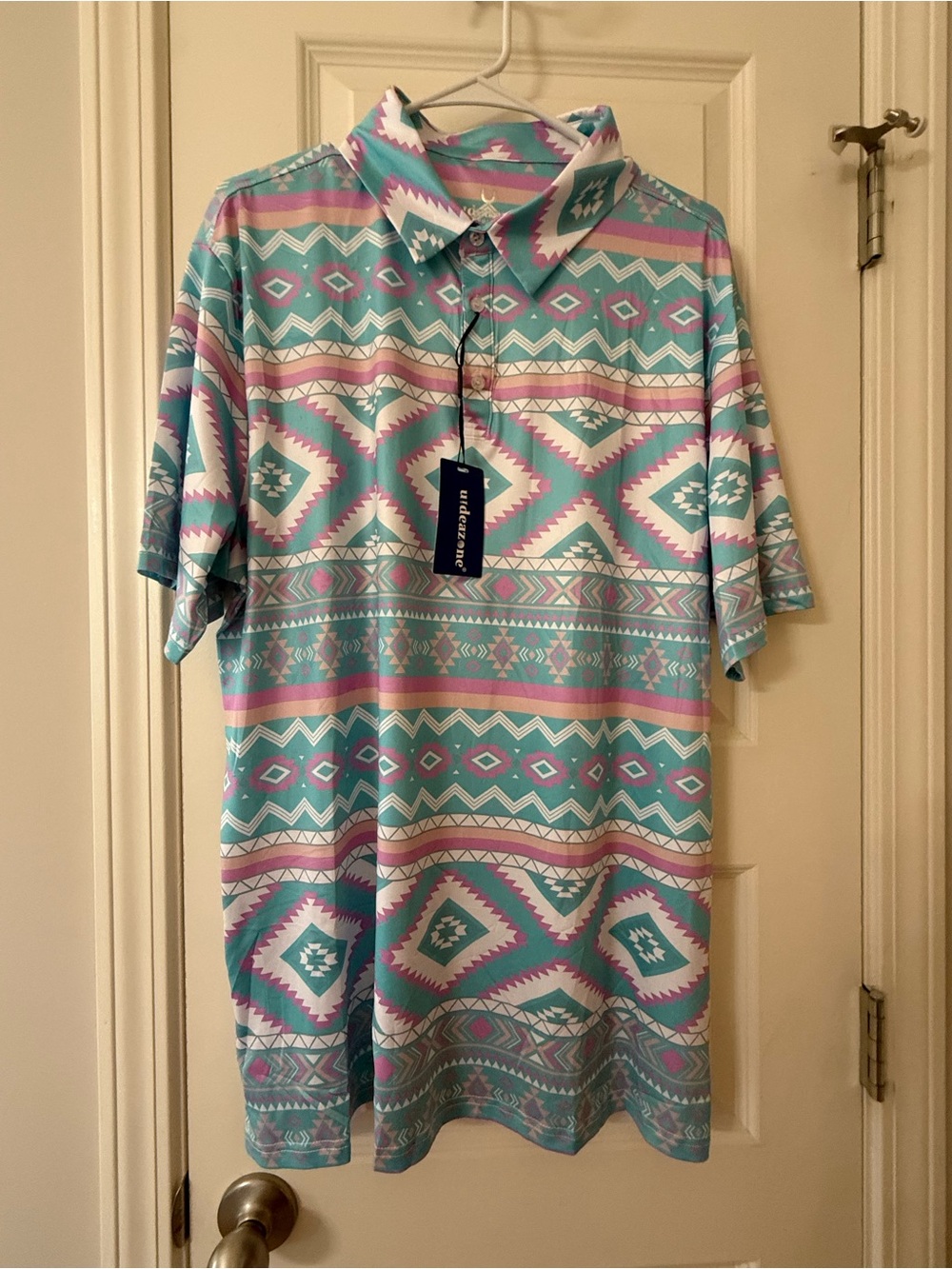 Men's Performance Golf Polo Shirt Aztec Southwest Geometric Teal Pink XL NWT